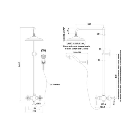 BEF2S Burlington Eden Thermostatic Exposed Two Outlet Shower Set Line Drawing