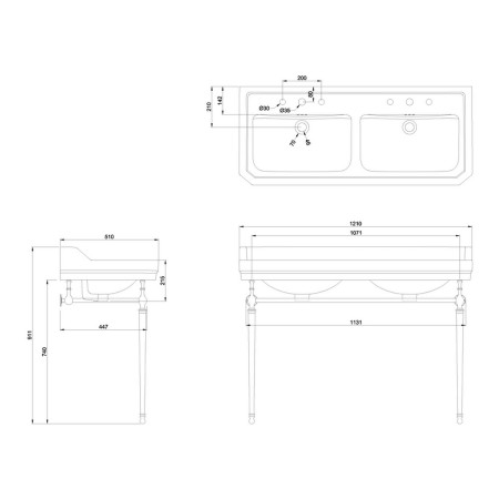 T51BNKL Burlington Edwardian 1200mm Double Basin with Brushed Nickel Washstand Line Drawing