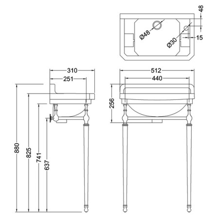 Burlington Edwardian 510mm Cloakroom Basin with Chrome Washstand Line Drawing