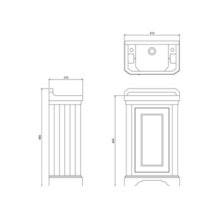 FC11MG Burlington Edwardian 510mm Cloakroom Vanity Unit & Basin in Matt Green Line Drawing