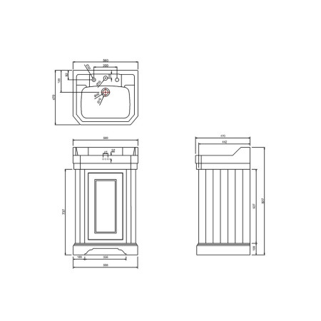 FC12BM Burlington Edwardian 560mm Cloakroom Vanity Unit with Basin in Matt Black Line Drawing