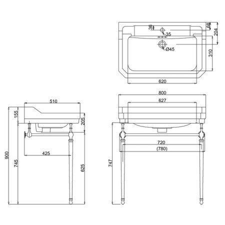 Burlington Edwardian 800mm Basin with Chrome Plated Washstand Line Drawing