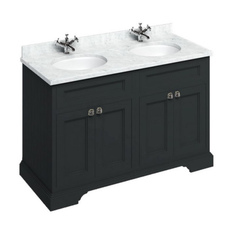 Burlington Freestanding 1300mm Matt Black Vanity Unit with Doors & Double Basin with Carrara Worktop