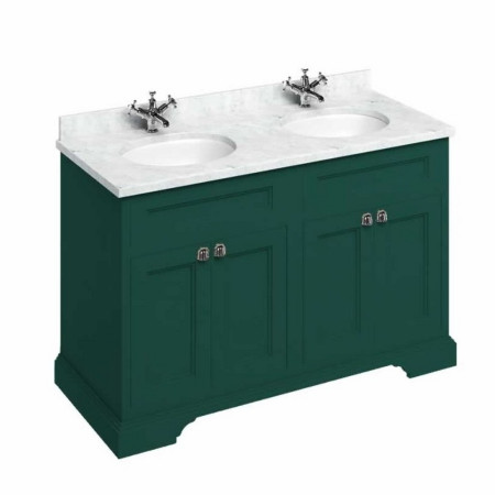 FC9MG Burlington Freestanding 1300mm Matt Green Vanity Unit with Doors & Double Basin with Carrara Worktop