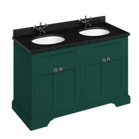 FC9MG Burlington Freestanding 1300mm Matt Green Vanity Unit with Doors & Double Basin with Black Granite Worktop