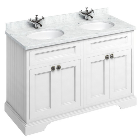 FC9W Burlington Freestanding 1300mm Matt White Vanity Unit with Doors and Double Basin with Carrara Worktop
