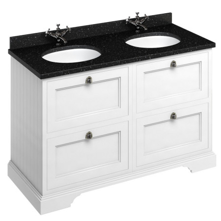 FC10W Burlington Freestanding 1300mm Matt White Vanity Unit with Drawers and Double Basin with Black Granite Worktop
