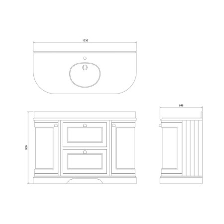 FC4MG Burlington Freestanding 1340mm Matt Green Vanity Unit with Drawers & Basin Line Drawing