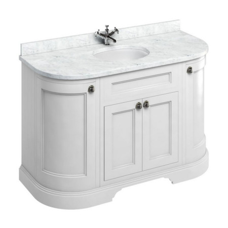 FC1W Burlington Freestanding 1340mm Matt White Curved Vanity Unit with Doors and Basin with Carrara Worktop