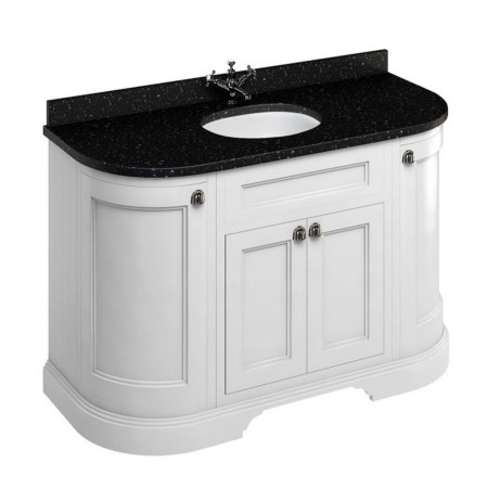FC1W Burlington Freestanding 1340mm Matt White Curved Vanity Unit with Doors and Basin with Black Granite Worktop