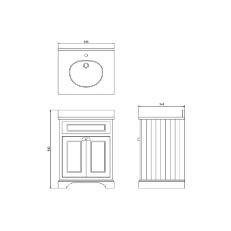 FF8MG Burlington Freestanding 650mm Matt Green Vanity Unit with Doors & Minerva Basin Line Drawing