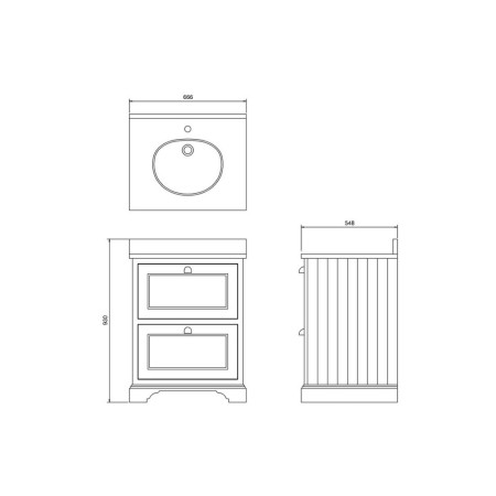 FF9MG Burlington Freestanding 650mm Matt Green Vanity Unit with Drawers & Minerva Basin Line Drawing