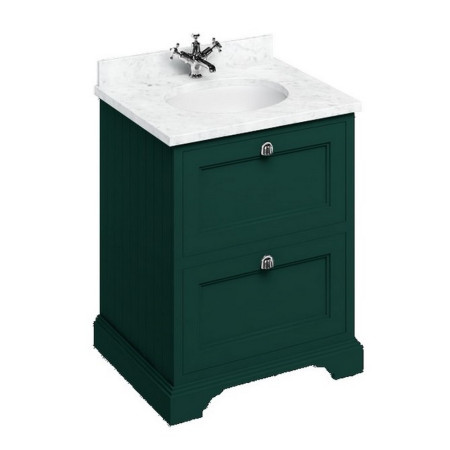 FF9MG Burlington Freestanding 650mm Matt Green Vanity Unit with Drawers & Minerva Basin with Carrara Worktop