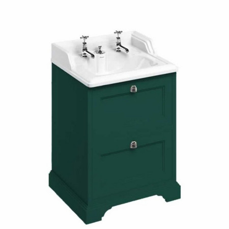 FF9MG Burlington Freestanding 650mm Vanity Unit with Drawers and Basin in Matt Green with 2TH Basin & Integrated Waste