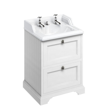 FF9W Burlington Freestanding 650mm Vanity Unit with Drawers and Basin in Matt White with 2TH Basin & Integrated Waste