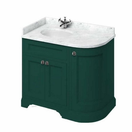 FC2MG Burlington Freestanding 980mm Matt Green Curved Left Handed Vanity Unit with Carrara Worktop