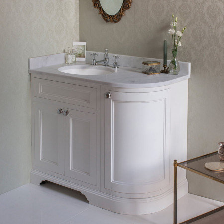 FC2W Burlington Freestanding 980mm Matt White Curved Left Handed Vanity Unit with Basin Carrara Worktop Lifestyle