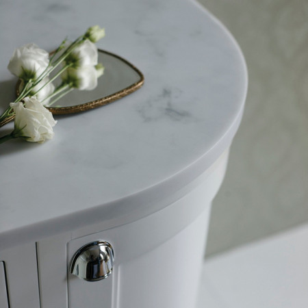 FC2W Burlington Freestanding 980mm Matt White Curved Left Handed Vanity Unit with Basin Carrara Worktop Close Up