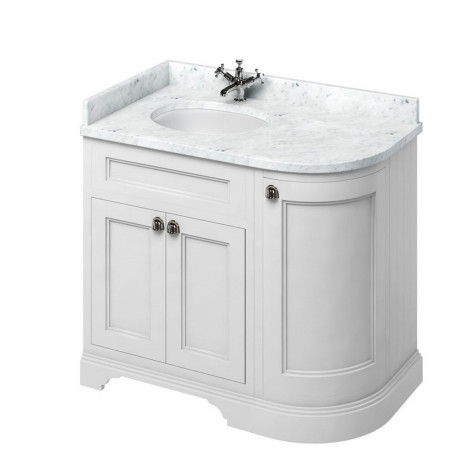 FC2W Burlington Freestanding 980mm Matt White Curved Left Handed Vanity Unit with Basin Carrara Worktop
