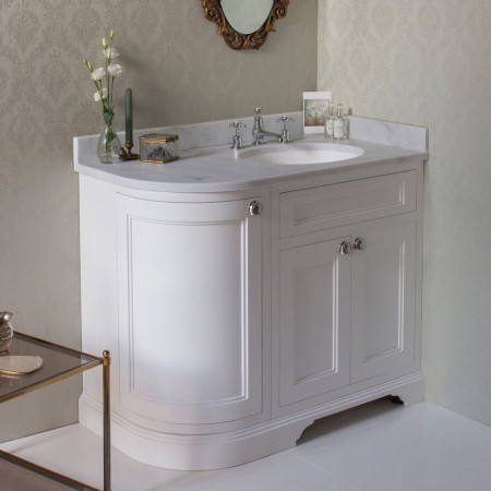 FC3W Burlington Freestanding 980mm Matt White Curved Right Handed Vanity Unit with Basin Carrara Worktop Lifestyle