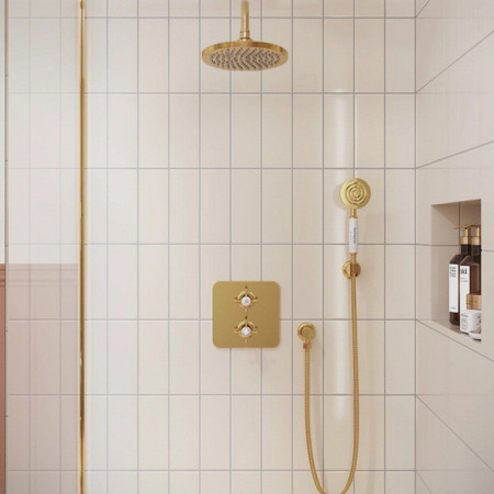 GUSHOWERPACKSQ3G Burlington Guild Gold Dual Outlet Concealed Thermostatic Shower with Handset and Holder Close Up