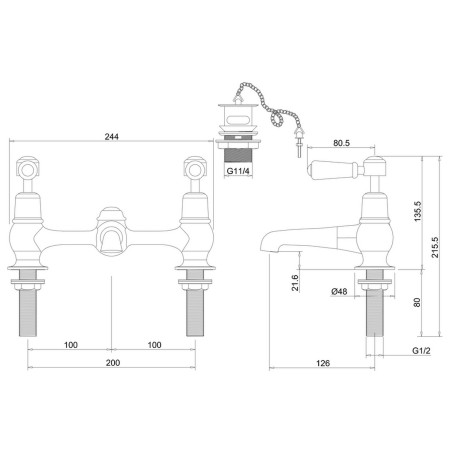 KE10QT Burlington Kensington 2 Tap Hole Bridge Basin Mixer with Plug and Chain Waste Line Drawing