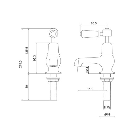 KE1QT Burlington Kensington 3 Inch Basin Taps Line Drawing