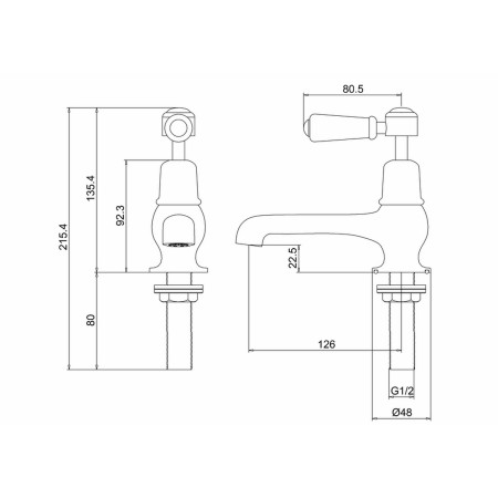 KE2QT Burlington Kensington 5 Inch Basin Taps Line Drawing