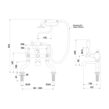 KE15QT Burlington Kensington Deck Mounted Bath Shower Mixer Line Drawing