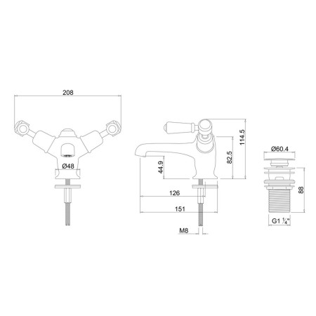KE6QT Burlington Kensington Monobloc Basin Mixer with Click Clack Waste Line Drawing