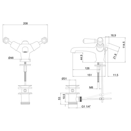 KE4QT Burlington Kensington Monobloc Basin Mixer with Pop Up Waste Line Drawing