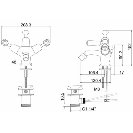 KE13QT Burlington Kensington Monobloc Bidet Mixer with Pop Up Waste Line Drawing