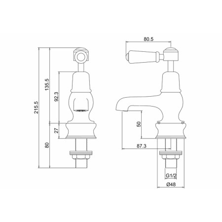 KER1QT Burlington Kensington Regent 3 Inch Basin Taps Line Drawing