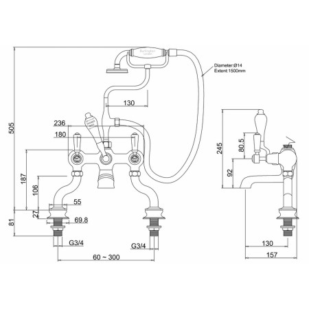 KER15QT Burlington Kensington Regent Deck Mounted Bath Shower Mixer Line Drawing