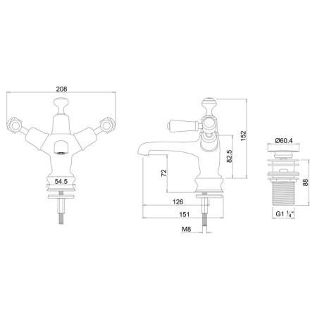 KER6QT Burlington Kensington Regent Monobloc Basin Mixer with Click Clack Waste Line Drawing