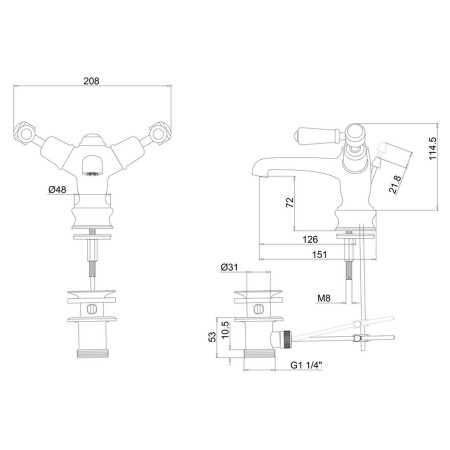 KER4QT Burlington Kensington Regent Monobloc Basin Mixer with Pop Up Waste Line Drawing