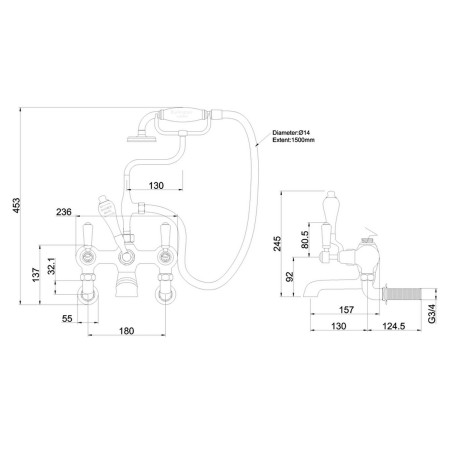 KE17QT Burlington Kensington Wall Mounted Bath Shower Mixer Line Drawing