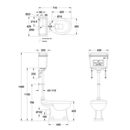Burlington Rimless Medium Level WC with 440mm Chrome Aluminium Lever Cistern Technical Drawing