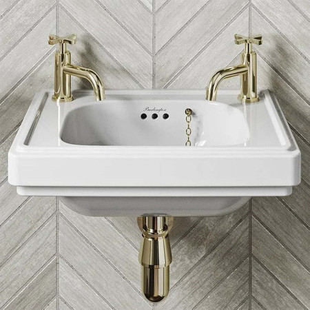 Burlington Riviera 450mm Square Cloakroom Basin with Gold Bottle Trap and Gold Taps