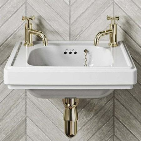 RIV82TH Burlington Riviera 450mm Square Cloakroom Basin with Gold Bottle Trap and Gold Taps