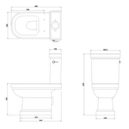 Burlington Riviera Close Coupled Open Back Pan with Cistern and Seat Line Drawing