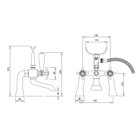 STA14QT Burlington Stafford Deck Mounted Bath Shower Mixer Line Drawing