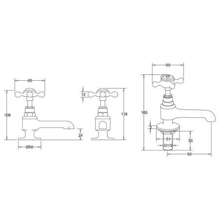 STA12QT Burlington Stafford Long Nose Basin Pillar Taps Line Drawing
