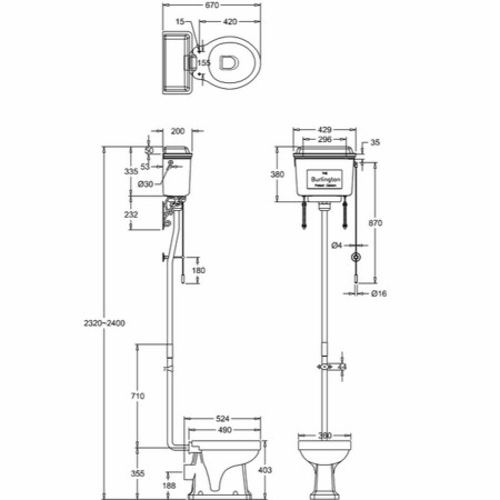 Burlington Standard High Level WC with Gold Lever Cistern Line Drawing