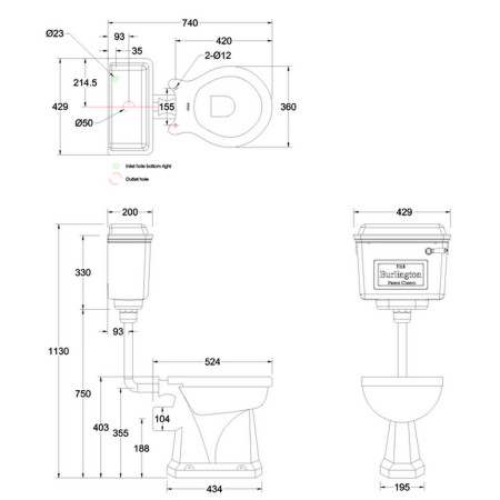 Burlington Standard Low Level WC with 440 Gold Cistern Line Drawing