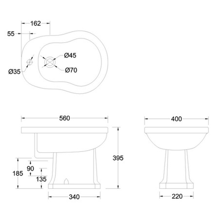 P4 Burlington Traditional One Tap Hole Bidet Line Drawing