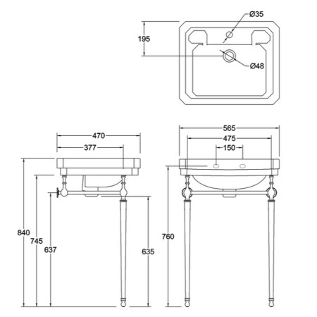 Burlington Victorian 560mm Basin and Gold Washstand Line Drawing