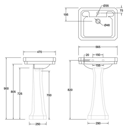 Burlington Victorian 560mm Basin and Regal Pedestal Line Drawing