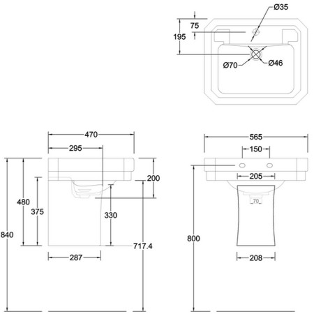 Burlington Victorian 560mm Basin and Semi Pedestal Line Drawing