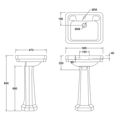 Burlington Victorian 560mm Basin and Standard Pedestal Line Drawing